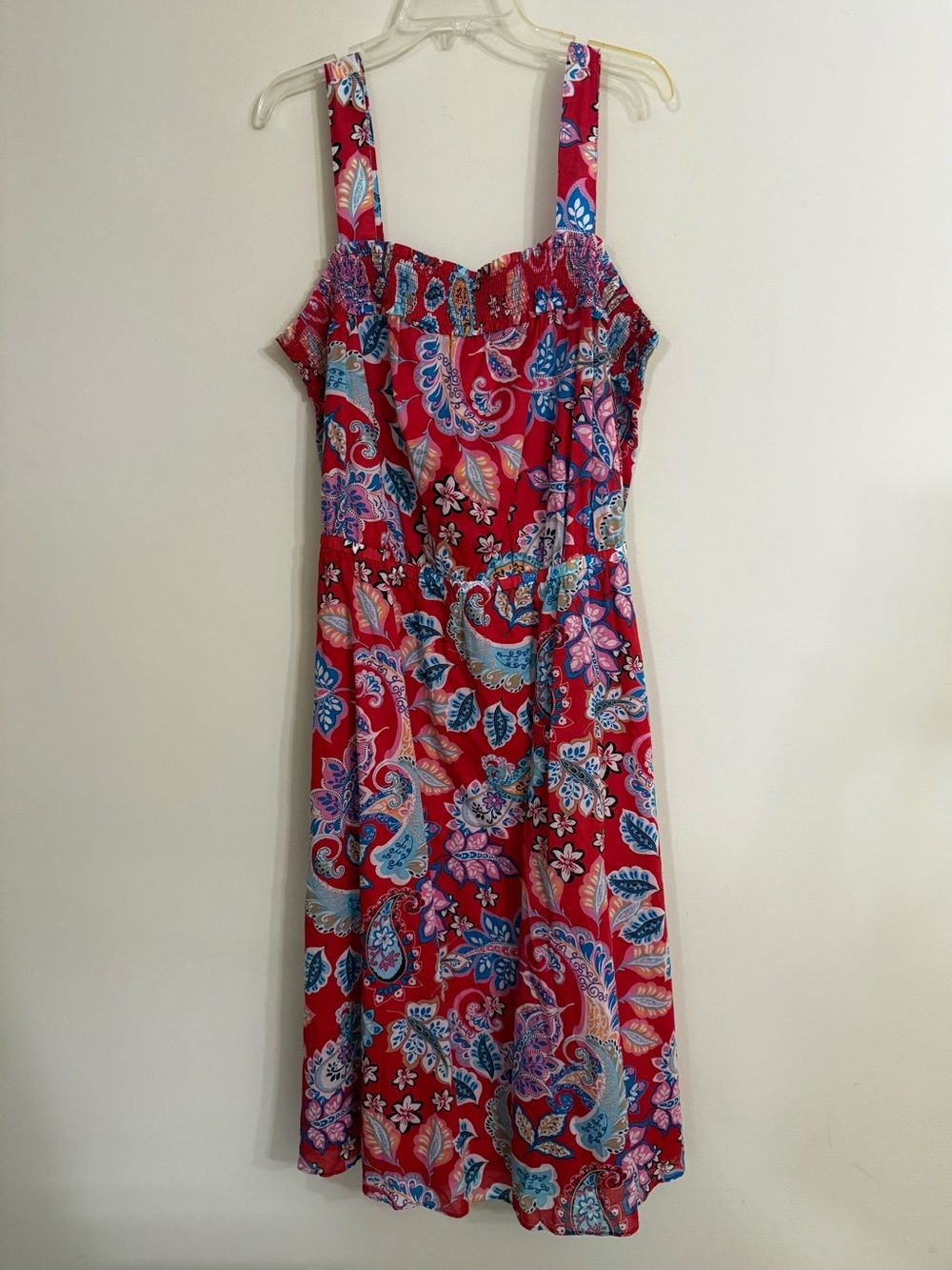 Talbots Plus Square Neck Midi Dress 18W Red Paisley Floral Smocked Bodice - Picture 3 of 7